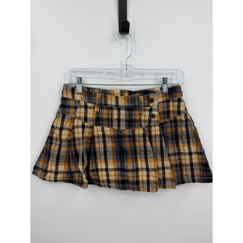 Free People serena Plaid Pleated Skort Women 6 Orange Blue Mini Wrap Skirt‎
